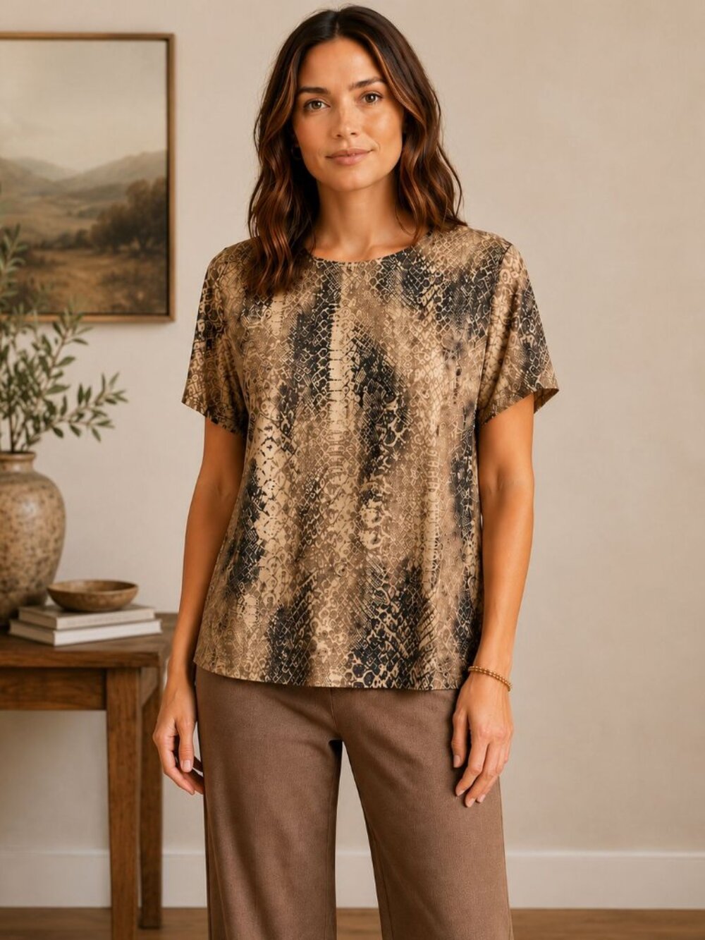 Lauren Ralph Lauren Women’s Large Snake Print Top Brown Beige Short Sleeve